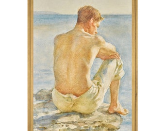 Young Man at Beach, Vintage Watercolor, High Quality Fine Art Print, Henry Scott Tuke, Watching the Sea, Charlie Mitchell, Beach Art