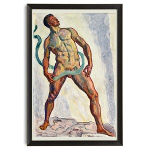 Puede incluir: Una pintura de una figura masculina desnuda de pie con una cinta verde alrededor de la cintura. La figura est&aacute; pintada en un estilo estilizado y expresionista con colores fuertes y pinceladas. El fondo es azul claro y blanco.