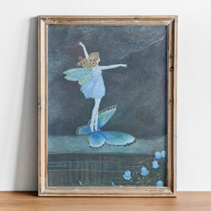 Vintage Antique Fairy Art, Fairy Riding a Butterfly, Reproduction Victorian Fairy Illustration, Ida Rentoul Outhwaite, Fine Art Print, Blue