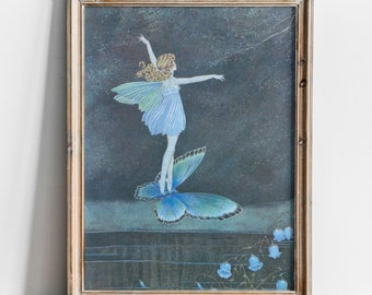 Vintage Antique Fairy Art, Fairy Riding a Butterfly, Reproduction Victorian Fairy Illustration, Ida Rentoul Outhwaite, Fine Art Print, Blue