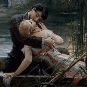 May include: A painting of a couple embracing in a boat. The man is wearing a dark suit and the woman is wearing a white dress. The couple is surrounded by lush greenery and water.