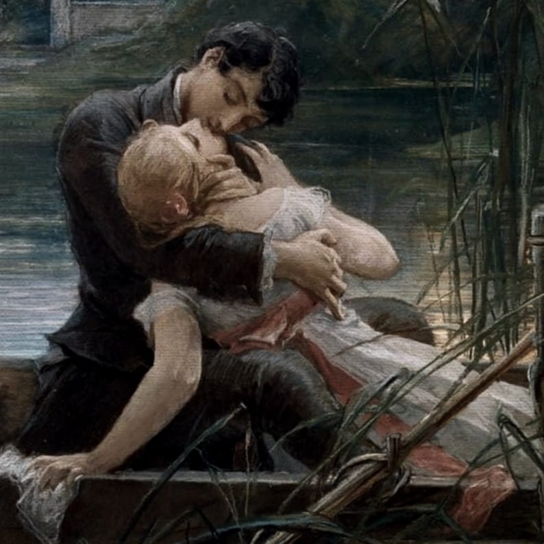 May include: A painting of a couple embracing in a boat. The man is wearing a dark suit and the woman is wearing a white dress. The couple is surrounded by lush greenery and water.