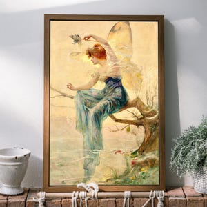 May include: A painting of a fairy with light blue wings and a flowing blue dress sitting on a branch of a tree. The fairy is holding a small object in her hand and has long, flowing red hair.