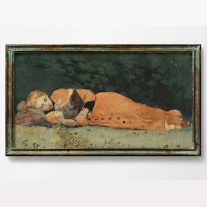 Girl Reading a Book, UnframedArt Print, Winslow Homer, Antique Painting Print, Girl in Orange Dress, Book Lovers Art, The New Novel, Library