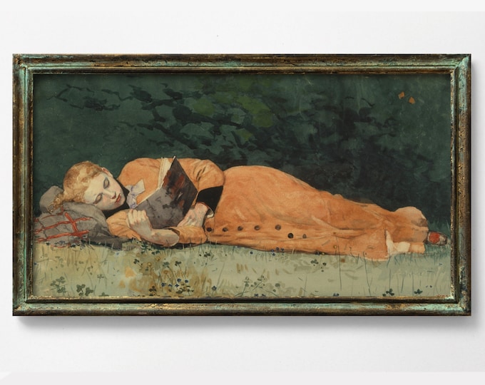 Girl Reading a Book, UnframedArt Print, Winslow Homer, Antique Painting Print, Girl in Orange Dress, Book Lovers Art, The New Novel, Library