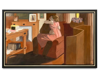 May include: A painting of a couple embracing in a living room. The man is wearing a dark suit and the woman is wearing a pink dress. They are sitting on a brown armchair in front of a fireplace. There are books and papers on a table in the foreground.