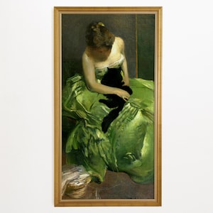 Woman in Green Dress with Black Cat, John White Alexander, The Green Dress, Victorian Cat Art, Green Victorian Decor, Victorian Lady