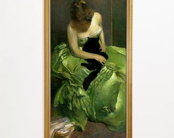 1896 Woman in Green Dress with Black Cat, John White Alexander, The Green Dress, Victorian Cat Art, Green Victorian Decor, Victorian Lady