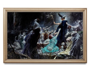May include: A painting depicting a scene from Greek mythology. A figure in a dark robe and a feathered hat stands in the center of the painting, holding a staff. The figure is surrounded by a group of people, some of whom are reaching out towards the figure. The painting is set in a dark, shadowy forest.