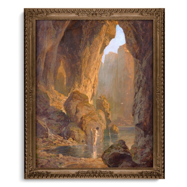 Bathing Nymph, Antique Nude Art with Sea Caves and Landscape, High Quality Art Print, Georg Janny, Victorian Tasteful Nude, Cliffs and Beach