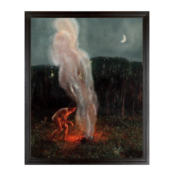 The Column of Smoke, Nude Man with Fire, Night Landscape, 19th Century Italian Art, Fire Painting, Dark Mystical Painting, Male Nude Art