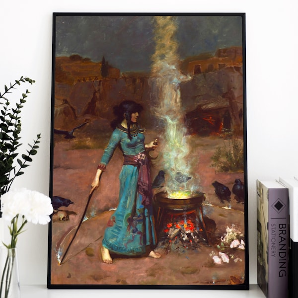 Le cercle magique, John William Waterhouse, préraphaélite, impression d'art Art nouveau de haute qualité, sorcière dans un paysage désertique, corbeaux, têtes de mort