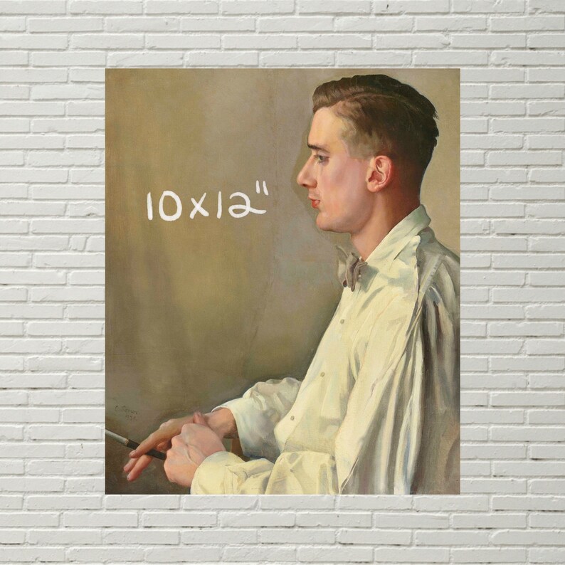 May include: A painting of a man in a white shirt with a bow tie. The man is looking to the left and holding a cigarette. The painting has the text "10x12" written on it.