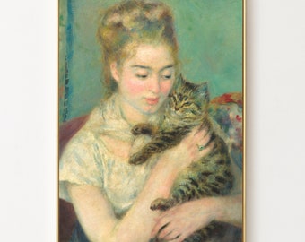 Woman with a Cat, Auguste Renoir, High Quality Fine Art Print, Young Victorian Woman with a Smug Sassy Tabby Cat, Impressionist Cute Art