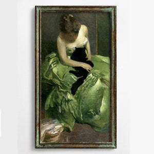 Woman in Green Dress with Black Cat, John White Alexander, Fine Art Print, Art Nouveau, Vintage Antique Painting, The Green Dress