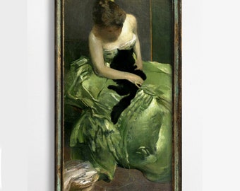 Woman in Green Dress with Black Cat, John White Alexander, Fine Art Print, Art Nouveau, Vintage Antique Painting, The Green Dress