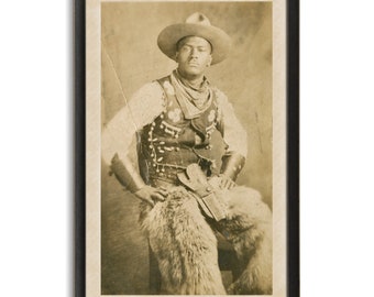 Black Cowboy Antique Postcard Photo, Western Cowboy Art, Reproduction Black and White Photograph, Wild West, Old West, African American