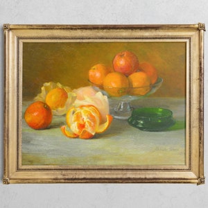 Vintage Reproduction Still Life with Oranges, Fruit Still Life, High Quality Art Print, Pealed Orange, Oranges in a Bowl, Green Glass