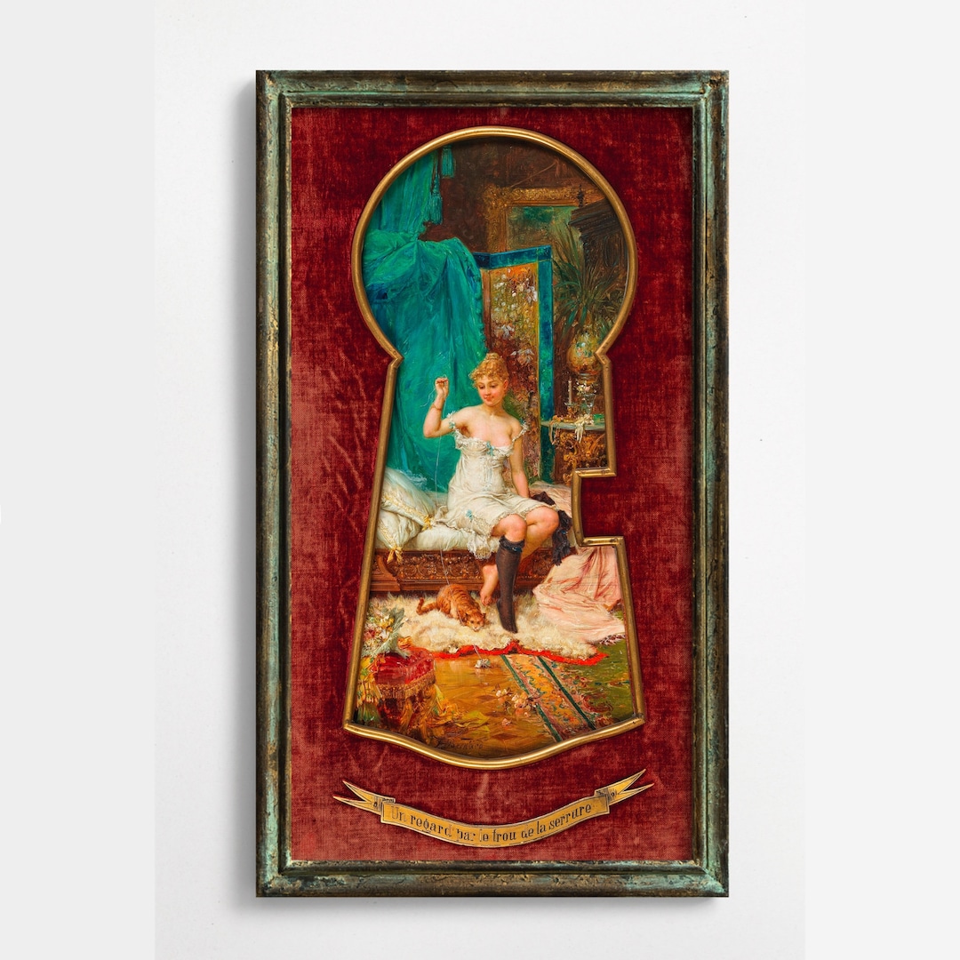 Erotic Victorian Keyhole Art, Woman Playing With and Orange Tabby