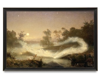 May include: A framed landscape painting depicting a twilight scene with a glowing, translucent, swirling mist hovering over a calm river. The background features silhouetted trees, a pale moon, and a starry sky, all enclosed in a dark frame.