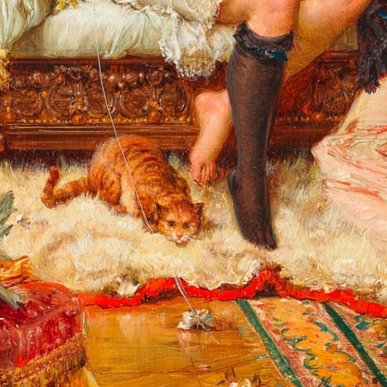 Erotic Victorian Keyhole Art, Woman Playing With and Orange Tabby