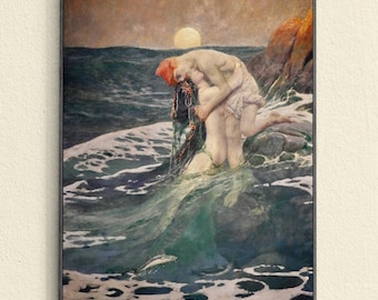 Vintage Mermaid Painting Art Print, Howard Pyle, Antique Art Nouveau Mermaid Romantic Art, Mermaid Wall Art, Art Deco, Moon, Ocean Beach Art