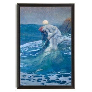 Vintage Mermaid Illustration Art Print, Howard Pyle, Antique Art Nouveau Mermaid Romantic Art, Blue Ocean, Mermaid Wall Art, Art Deco, Moon