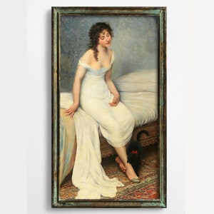 Italian Woman with Black Cat, Kitten, The Awakening, Eugene de Blaas, High Quality Fine Art Print, Catlovers Art, Antique Bedroom Art
