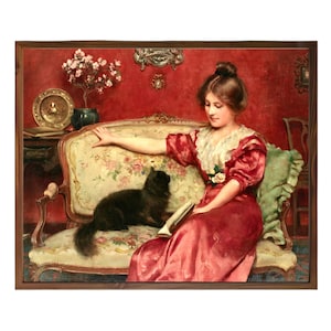 Victorian Woman with a Black Cat, Antique Cat Art, 19th Century Lady Reading, Vintage Black Cat Painting, Red Art Print, Victorian Decor