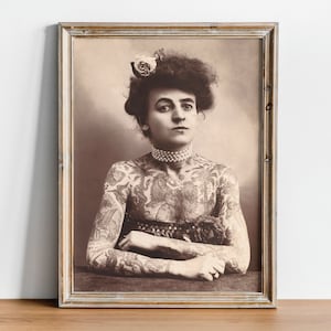 Antique Vintage Photo Tattooed Woman, Maud Wagner Tattoo Artist, High Quality Fine Art Print, Vintage Tattoo Art, Black and White Photo