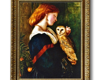 The Owl, Girl Holding Owl, Dark Academia, Gothic Antique Owl Painting, Valentine Prinsep, Owl Lovers Gift, Owl Art Print, Il Barbagianni