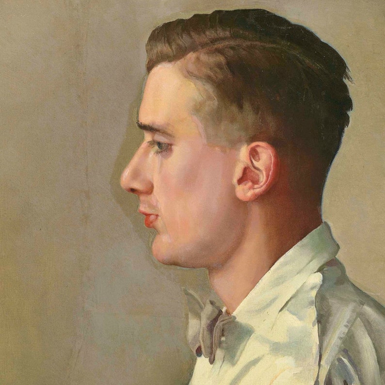 May include: A close-up portrait painting of a person with short brown hair, wearing a white shirt with a bow tie. The person is looking to the left of the painting.