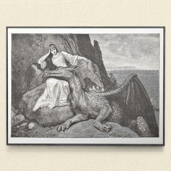Maiden and her Dragon, Illustration Art, Fairytale Art, Dragon Art Print, Medieval Decor, Dragon Antique Reproduction Art Print, Gray Art