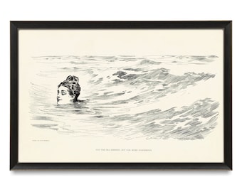 Swimming Lady 19th Century Pen and Ink Illustration, Gibson Girl, Charles Gibson, Edwardian Woman, Black and White Art Nouveau Drawing