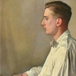 May include: A painting of a man in profile, wearing a white shirt with a bow tie. The background is a muted brown.