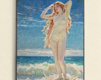 Venus Rising from the Sea, Female Nude Painting Art Print, Victorian Wall Art, Beach Art, Ocean Waves,  Laurits Tuxen, Classical Nude