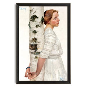 May include: A woman in a white dress stands next to a birch tree. She is looking to the right of the frame. The painting is signed "L. Liebert" in the top left corner.