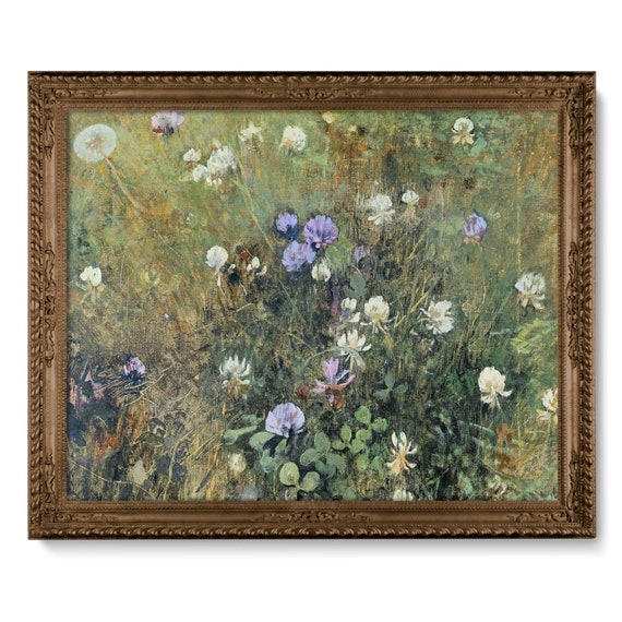 Vintage Clovers and Dandelion Art, , Simple Nature Landscape Painting, High Quality Fine Art Print, Clover Painting, Minimalist Landscape