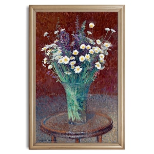 White Daisies Antique Impressionist Painting, High Quality Fine Art Print, Still Life with Daisies, Burgundy Dark Red, Antique Floral Print