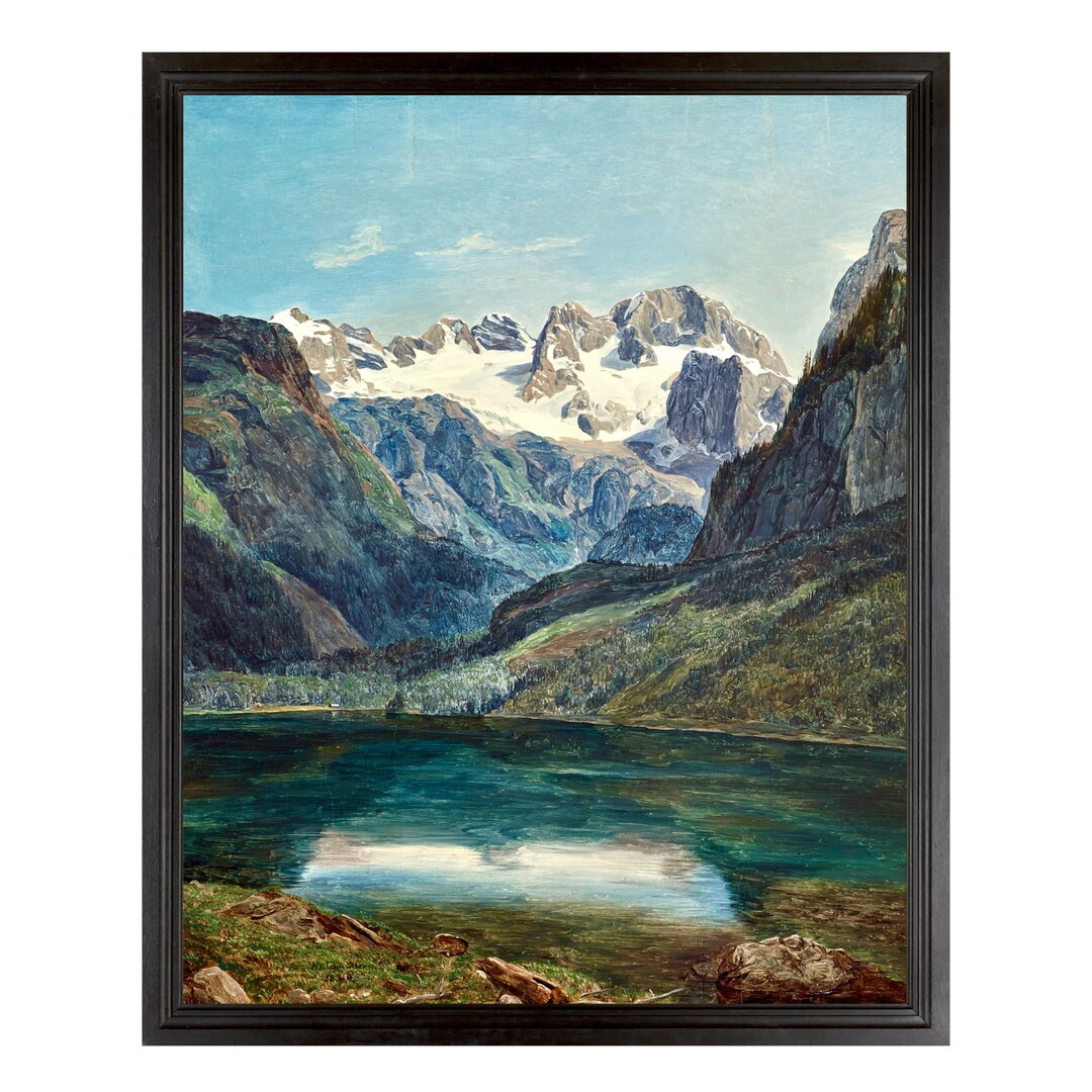 Magestic Lake and Mountain Landscape Art, Vintage Austrian