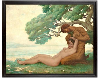 Nude Female and Satyr, Mythological Wall Art, Romantic Lovers Art Print, Bedroom Wall Art, Naked Nymph Painting, Faun Art Print, Antique Art