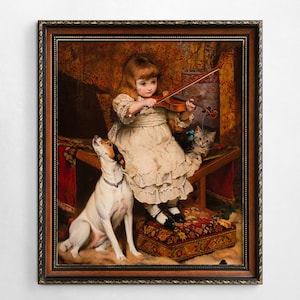 Cute Victorian Painting with Little Girl, Kitten, and Fox Terrier Dog, The Little Violinist, Fine Art Print, Victorian Art Warm Colors