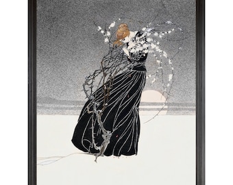 Mujer con arbusto espinoso, lámina de arte Art Nouveau, arte mural en blanco y negro, arte emotivo, arte simbólico oscuro, 1910.
