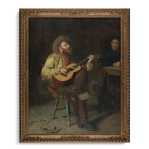 Singing Cowboy in the Bunkhouse, Western Cowboy Art, Antique Artwork, High Quality Art Print, Cowboy with Guitar Painting, Thomas Eakins