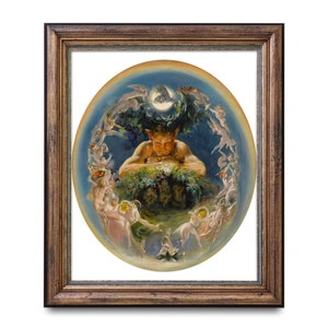 May include: A framed painting of a green man surrounded by fairies. The green man is sitting in a forest with his head resting on his hand. The fairies are dancing around him in a circle.