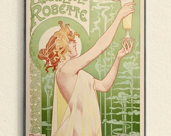 Art Nouveau Absinthe Advertisement, Henri Privat-Livemont, Victorian Art, Light Green and Yellow Reproduction, Absinthe Bar Poster Decor