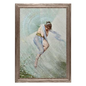 May include: A framed artwork depicts a woman with blue wings and flowing fabric, set against a backdrop of falling rain. The woman is in a graceful pose, with a gold-colored belt. The artwork is in a silver-colored frame.