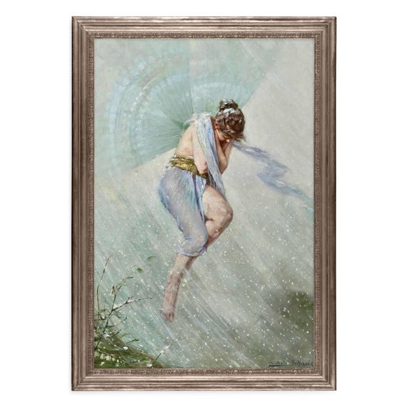 Fairy in a Snowstorm, Art Nouveau Fairy Painting Art Print, Whimsical Wall Art, Fairy Decor, Antique Fairy Art, Light Blue Wall Art, Snow