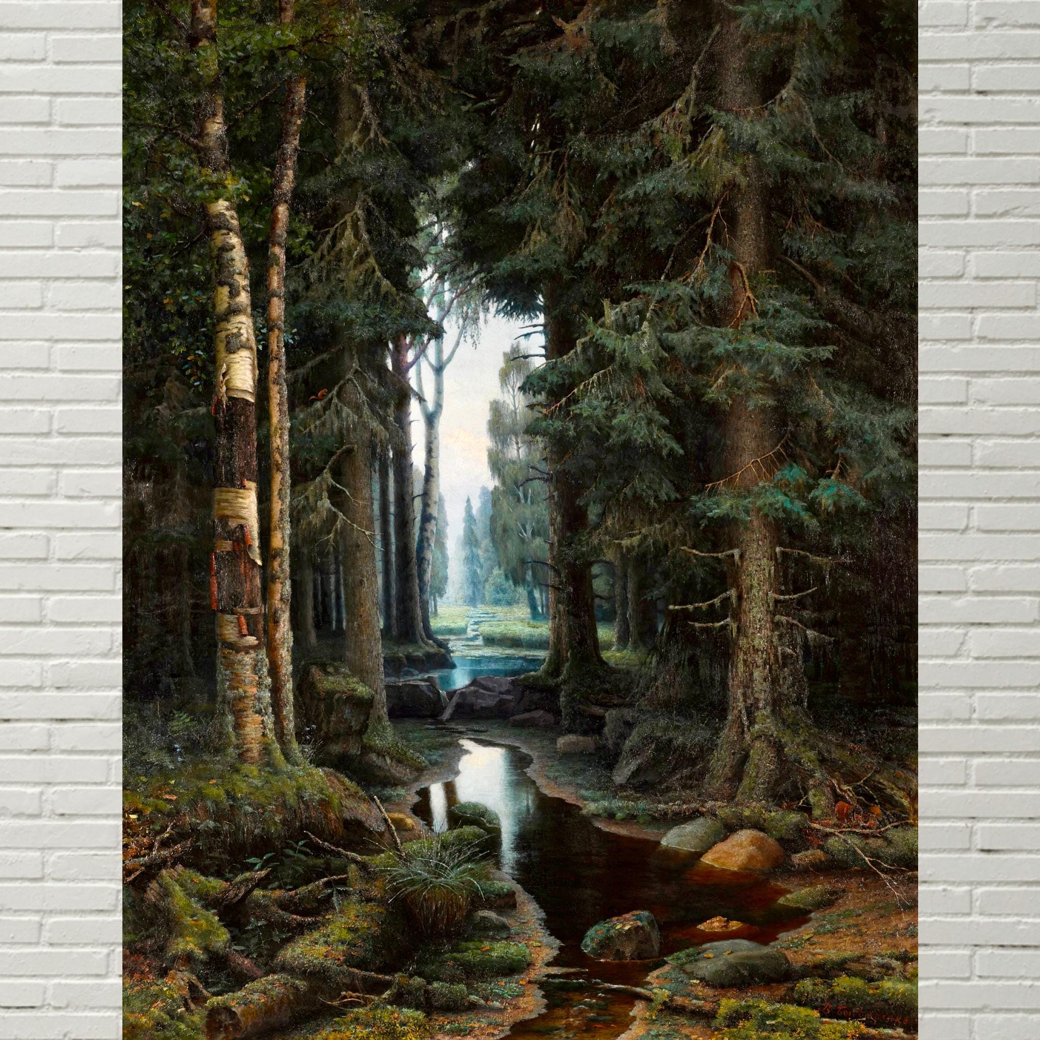 Forest Stream, 19th Century Dark Forest Landscape With Creek, Dark