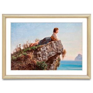 May include: A painting depicting a woman in a blue dress reclining on a rocky outcrop overlooking a blue sea. The woman gazes out at the water, and the sky is a pale blue.